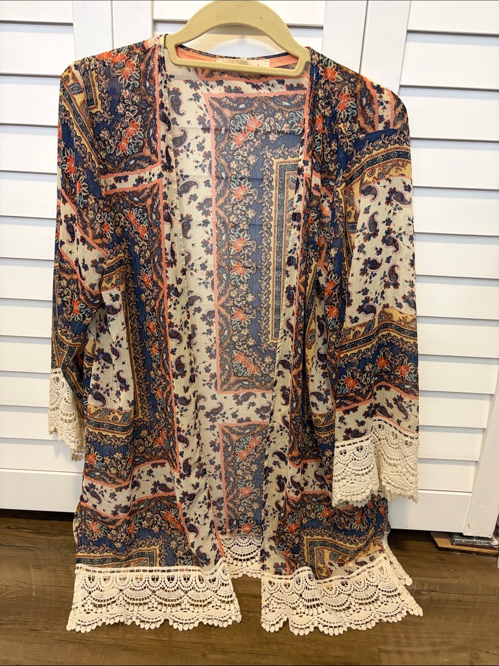 Rewind Navy, Cream & Rust Boho Crochet-Trim Kimono